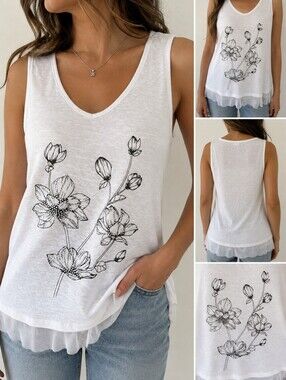 Grenier XS White Floral Rhinestone Embellished Layered Mesh Tank Top